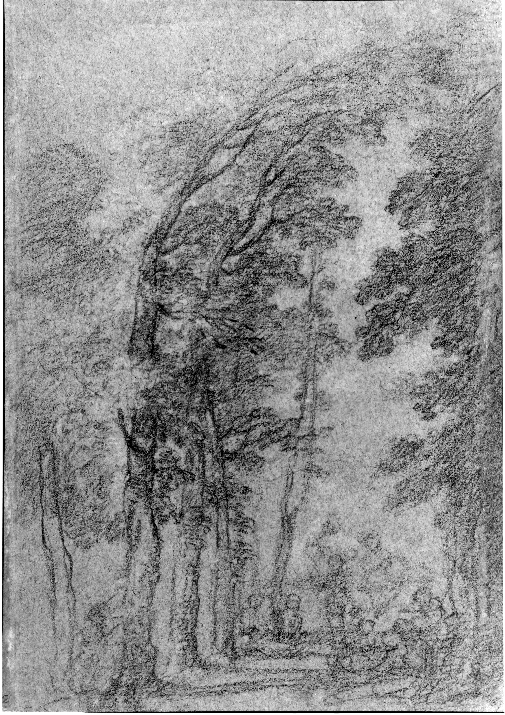 13. Michel Barthélemy Ollivier, Fête Champêtre under Trees, 19.2 x 13.2 cm, black chalk on blue paper. San Francisco Museums of Fine Arts, George de Batz collection.